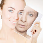 Dermatologists’ Secret for Firm Skin A woman holding a photo showing her younger and older self