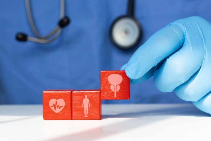 shutterstock_2521641755.jpg A doctor's gloved hand placing red blocks with health symbols on a table