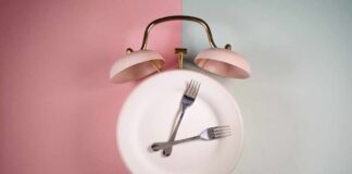An alarm clock with a plate and two forks arranged in a creative design