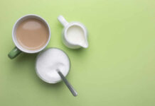 A cup of coffee, a bowl of sugar, and a creamer on a green background