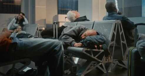 2624519699 Passengers sleeping on airport benches with luggage nearby