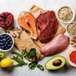 Protein Paradox Stuns Nutrition World Assorted healthy foods with salmon, beef, chicken, fruits, vegetables, nuts, and grains