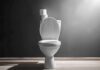 White toilet with open lid against gray wall