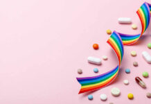 Birth Control Pills’ Hidden Heart Trap Colorful pills and a rainbow ribbon on a pink background