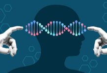 Harvard Chip Writes ‘Living Code’ With Electricity Illustration of a human head with DNA strands and hands reaching towards it