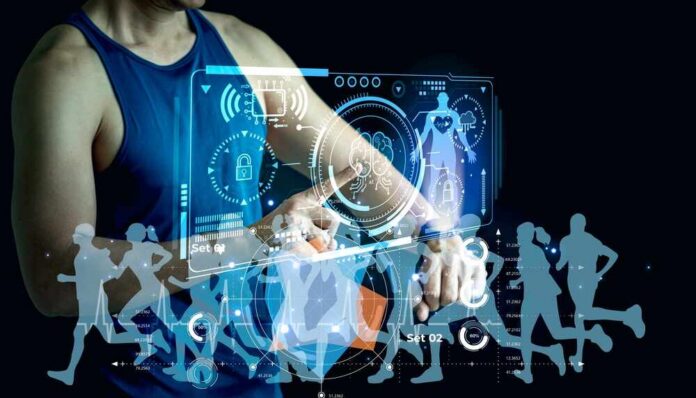 Person interacting with a digital fitness interface displaying health metrics
