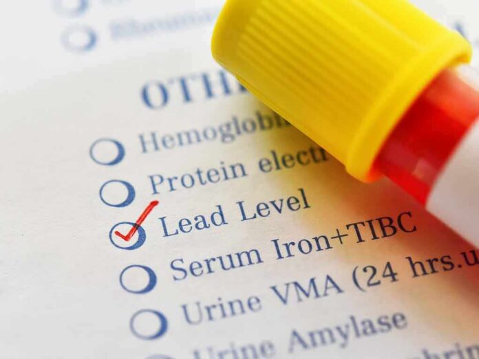 Blood sample tube on lab test form with lead level checked