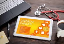 Tablet displaying cervical cancer information on a desk
