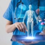 Healthcare professional uses tablet with medical holograms