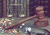 Gavel with scales, pills, and stethoscope on a desk