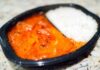 Microwavable tray with curry and white rice