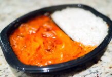 Microwavable tray with curry and white rice