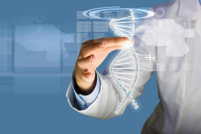 Scientist touching a digital DNA helix