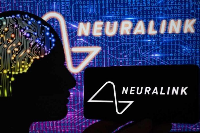 Silhouette of a head with circuitry beside Neuralink logos