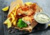 Fish and chips with mushy peas and tartar sauce