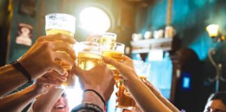 group toasting with beer glasses in a pub