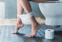 Person sitting on a toilet with underwear at ankles and toilet paper nearby