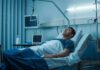 Man lying in a hospital bed with monitors and IV equipment