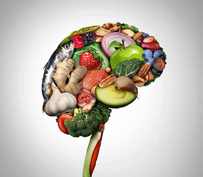shutterstock_1641528718 Brain shape made of assorted healthy foods on white background