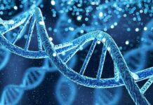 DNA double helix with glowing particles