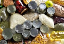 Assorted pantry staples with canned goods and dry foods